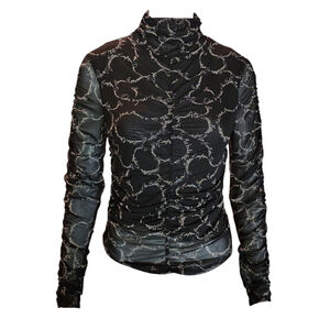 Sweet Rain Black Sheer Lined French Print Ruched Long Sleeve Top Women's L